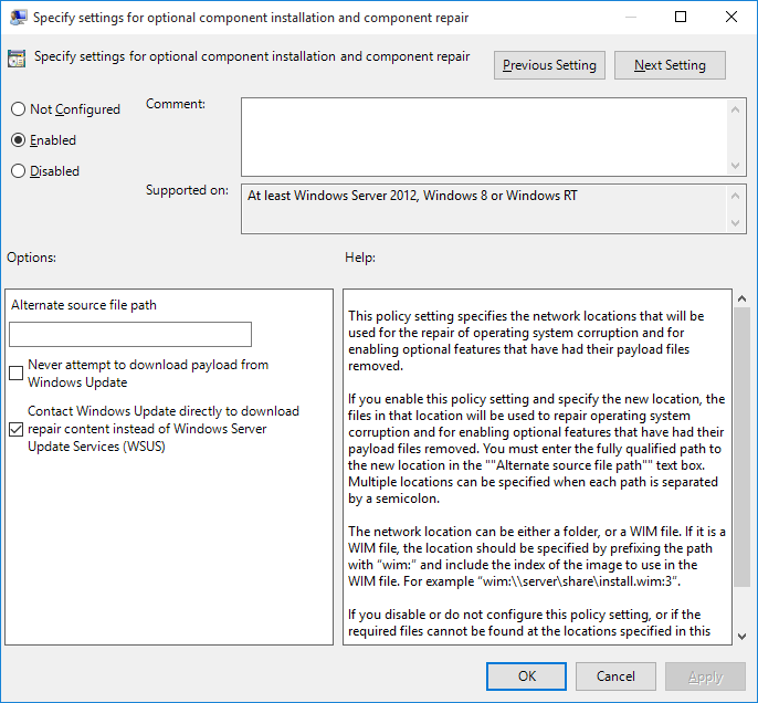 Specify settings for optional component installation and component repair setting